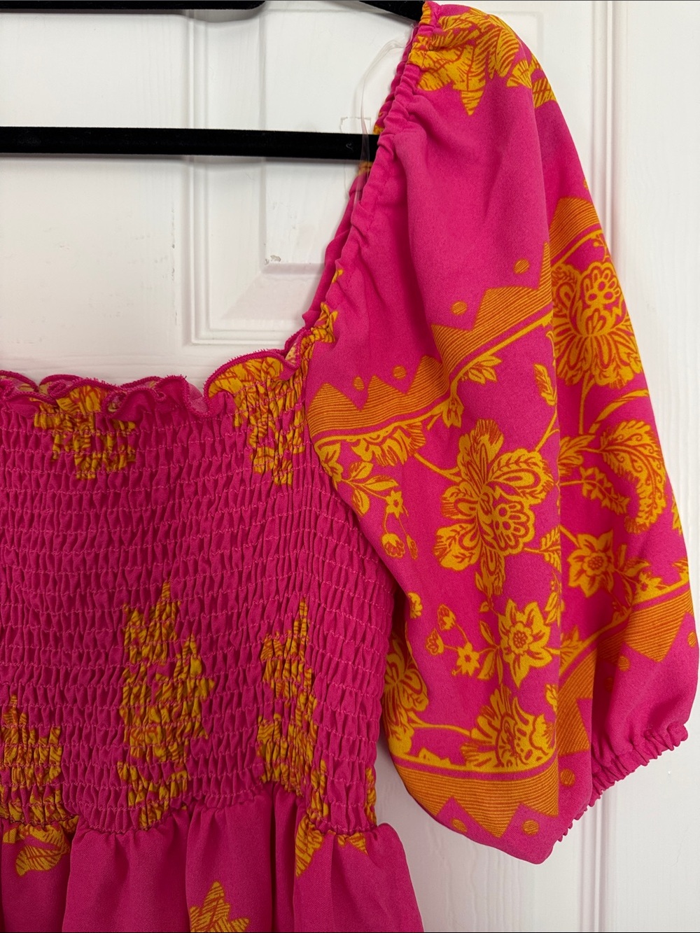 Haptics Smocked Fuchsia Midi Dress with Yellow Floral Print - Picture 2 of 3